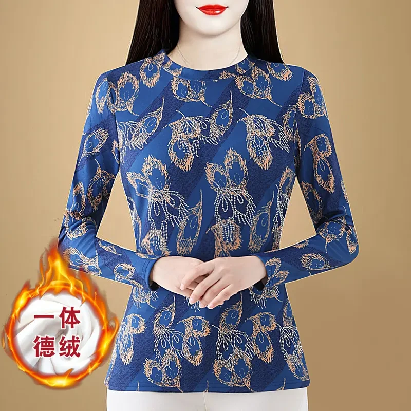 GF#935 2024秋冬新款洋气德绒烫钻打底高领修身大码长袖上衣