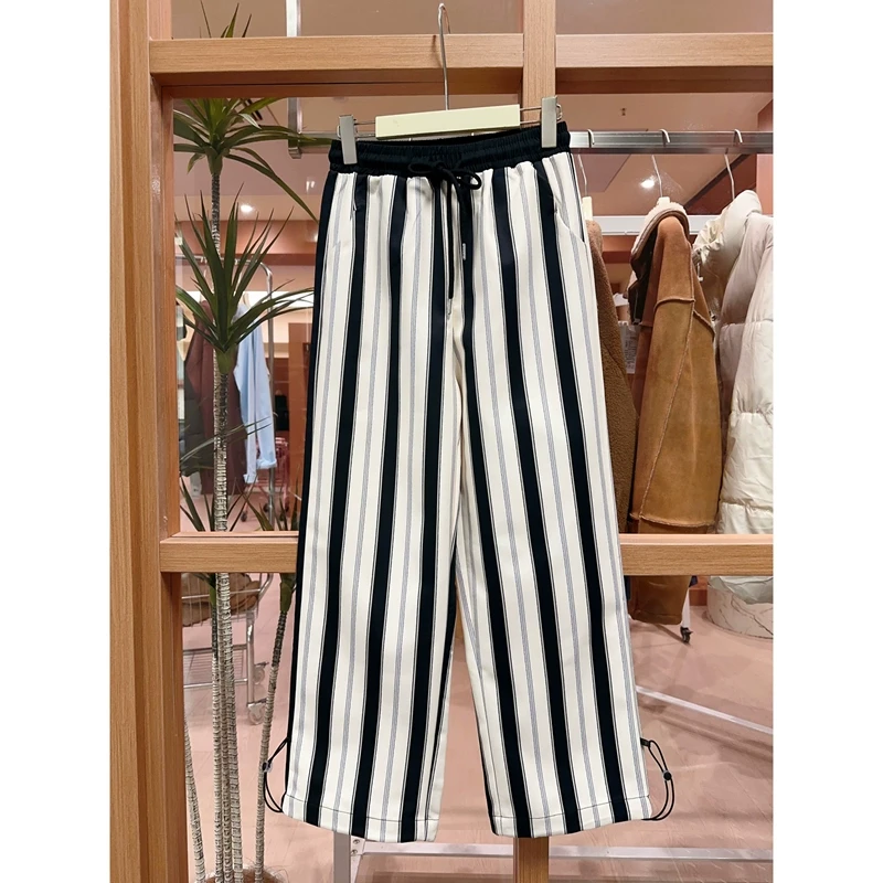 Q80条纹阔腿裤女休闲裤2025春新款高腰宽松小众设计感九分直筒裤