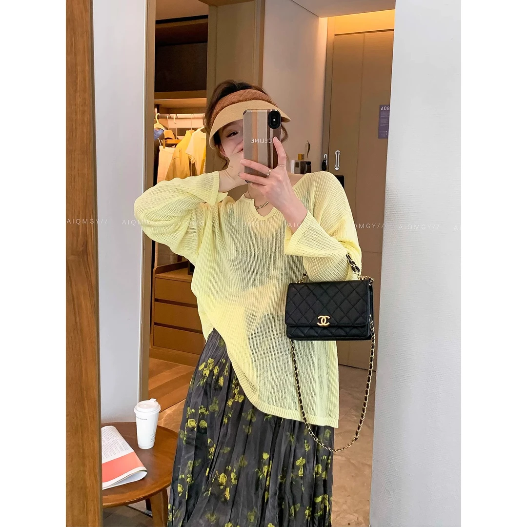 大码女装黄色V领长袖针织衫女2025年夏季新款薄款微透罩衫上衣