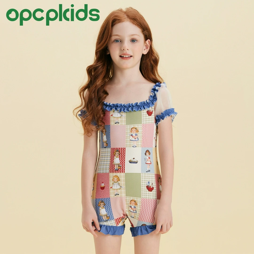 OPCP女童泳衣温泉儿童印花连体速干大童木耳边度假保守泳装25062