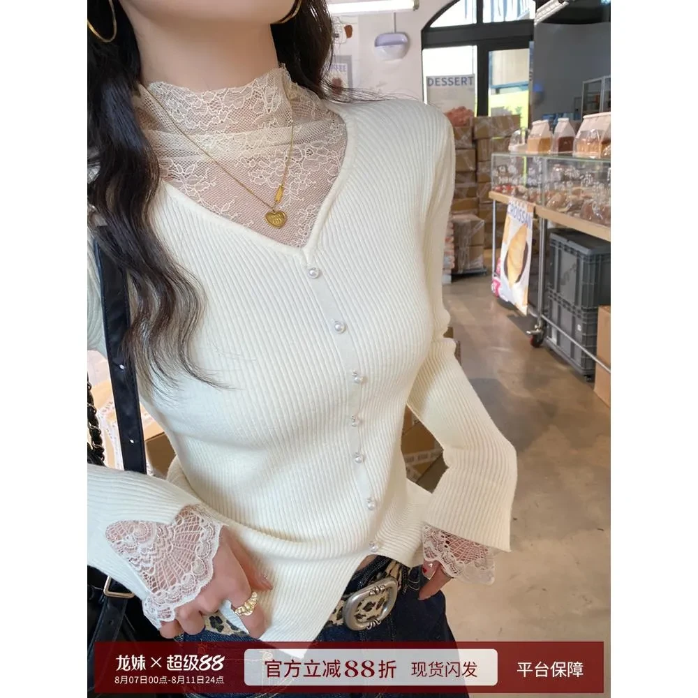 白色V领蕾丝打底衫女内搭2025早秋季新款高级感外穿毛衣针织上衣