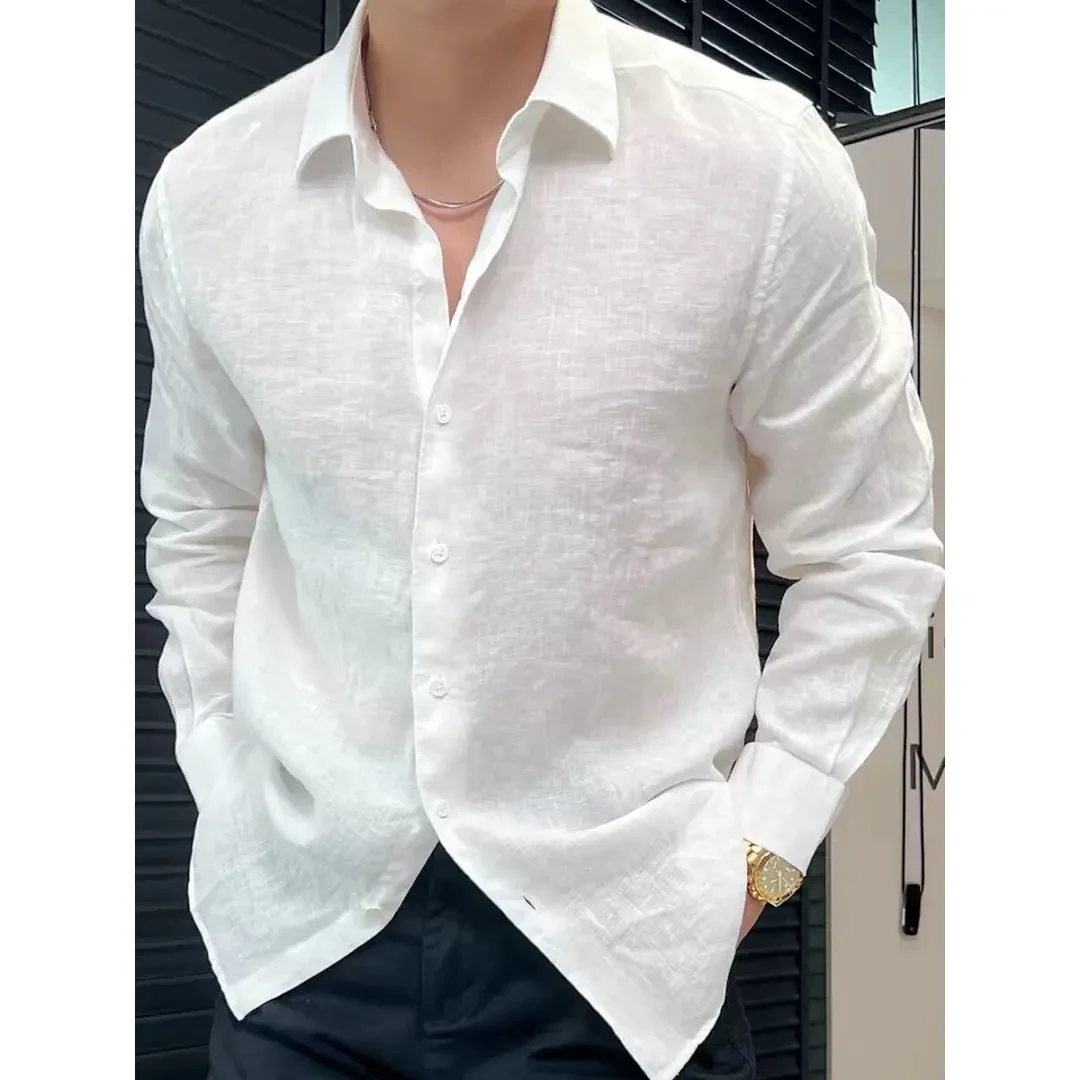 夏季新款高级感防晒服亚麻纯色长袖衬衫男宽松百搭白色上衣衬衣