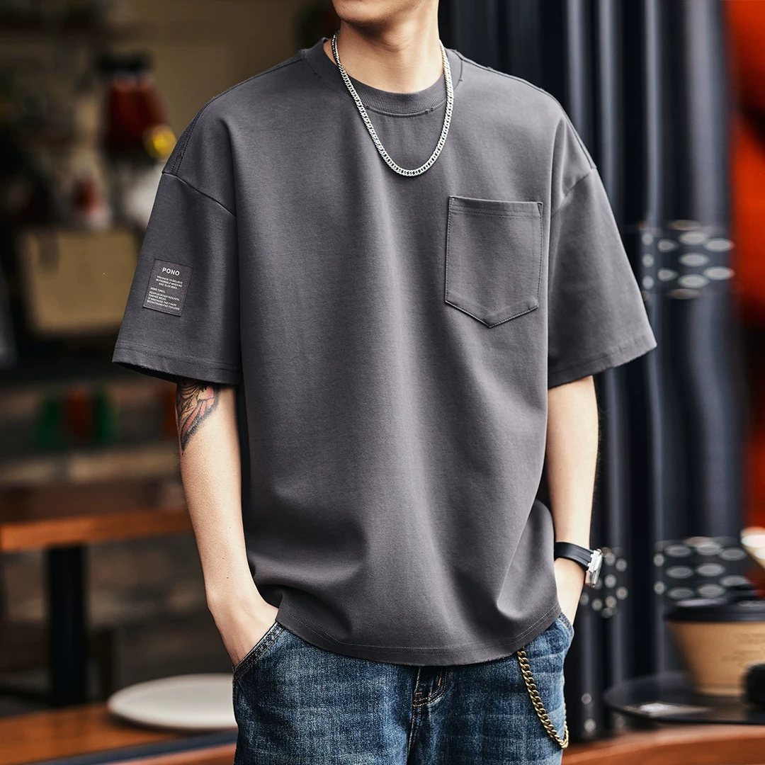 格蓝鹿美式300g重磅领口磨破短袖T恤男宽松夏季休闲纯色大码体恤