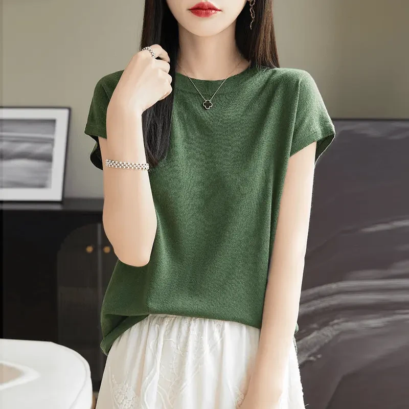 桑蚕丝＋羊毛＋莱赛尔天丝圆领纯色短袖夏季新款时尚百搭显气质薄