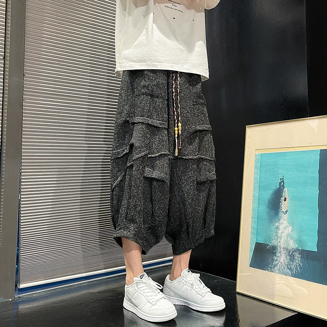 暗黑系山本风裤子男士潮牌冰丝七分裤中国风小众设计感宽松运动裤