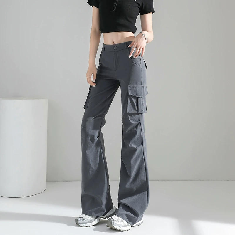 微喇叭工装裤女款秋季薄款2025新款美式窄版灰色降落伞兵喇叭裤子