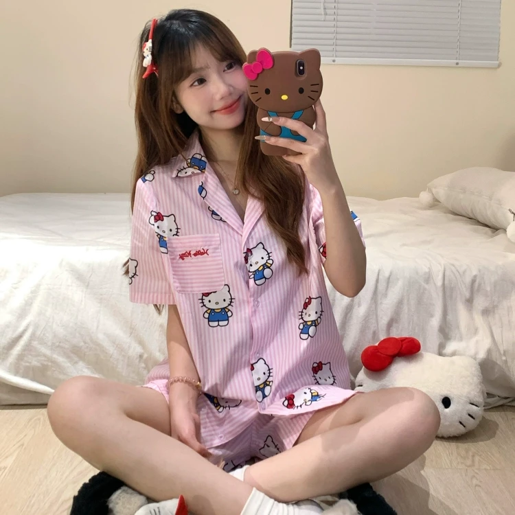 甜美可爱Kitty猫睡衣女2025年新款夏季短袖短裤家居服套装可外穿