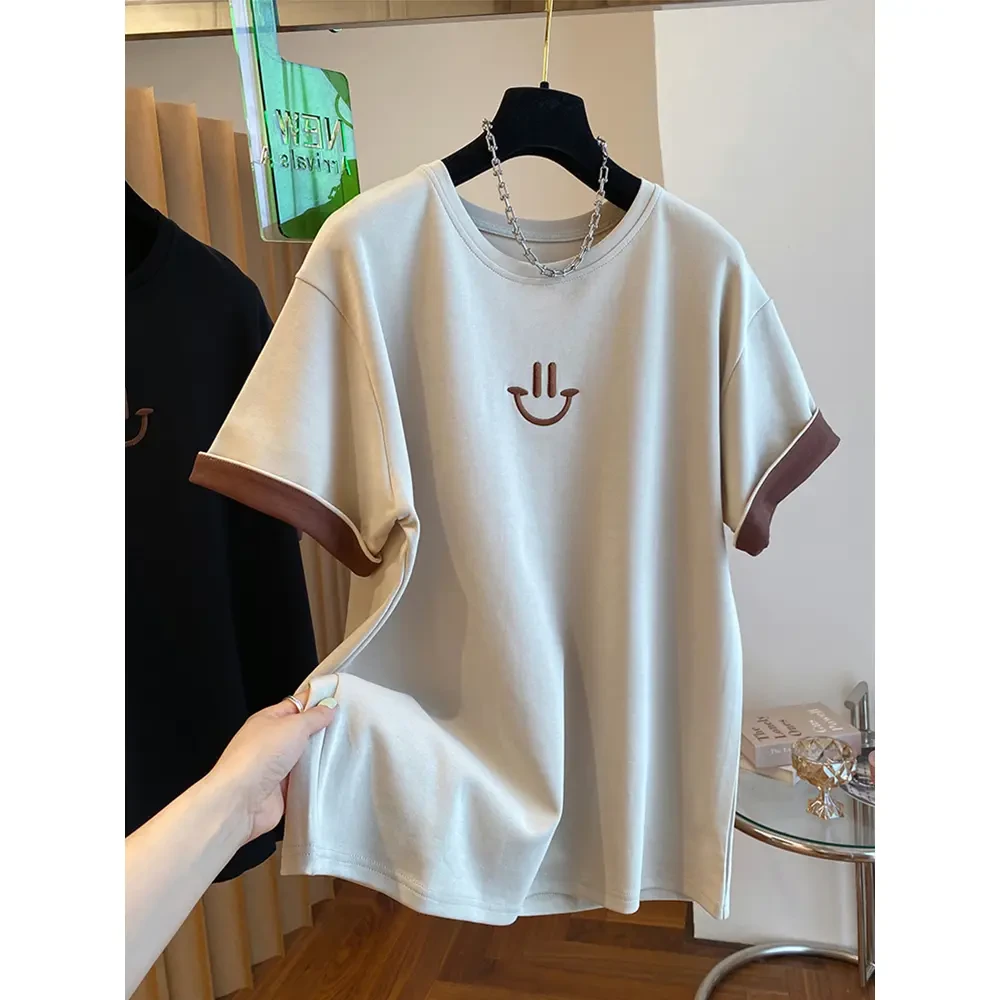 欧货240斤大码纯棉撞色短袖T恤女2025夏季宽松显瘦胖妹妹上衣超火