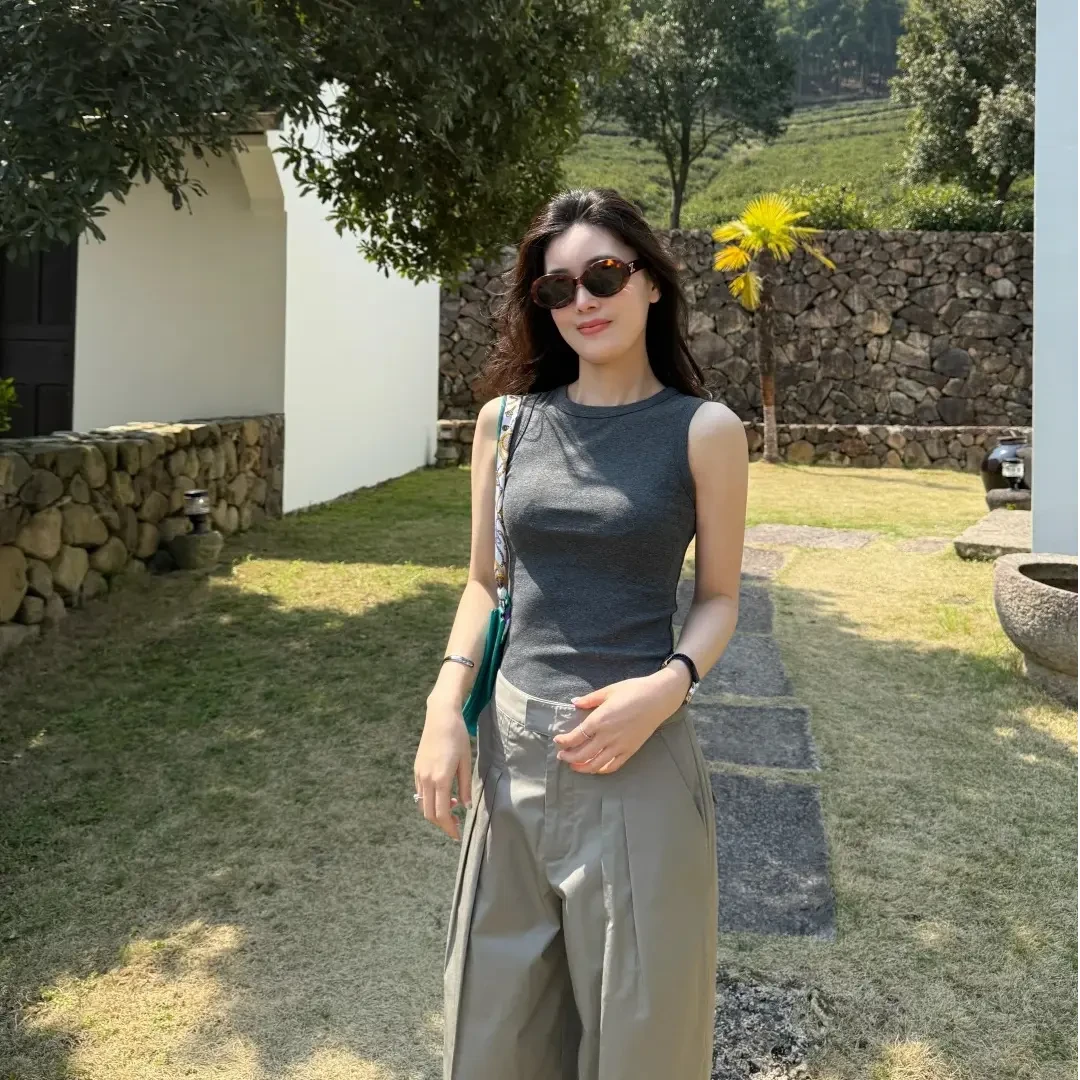 2025夏季新款简约时尚修身显瘦无袖打底外穿背心高腰阔腿裤套装女