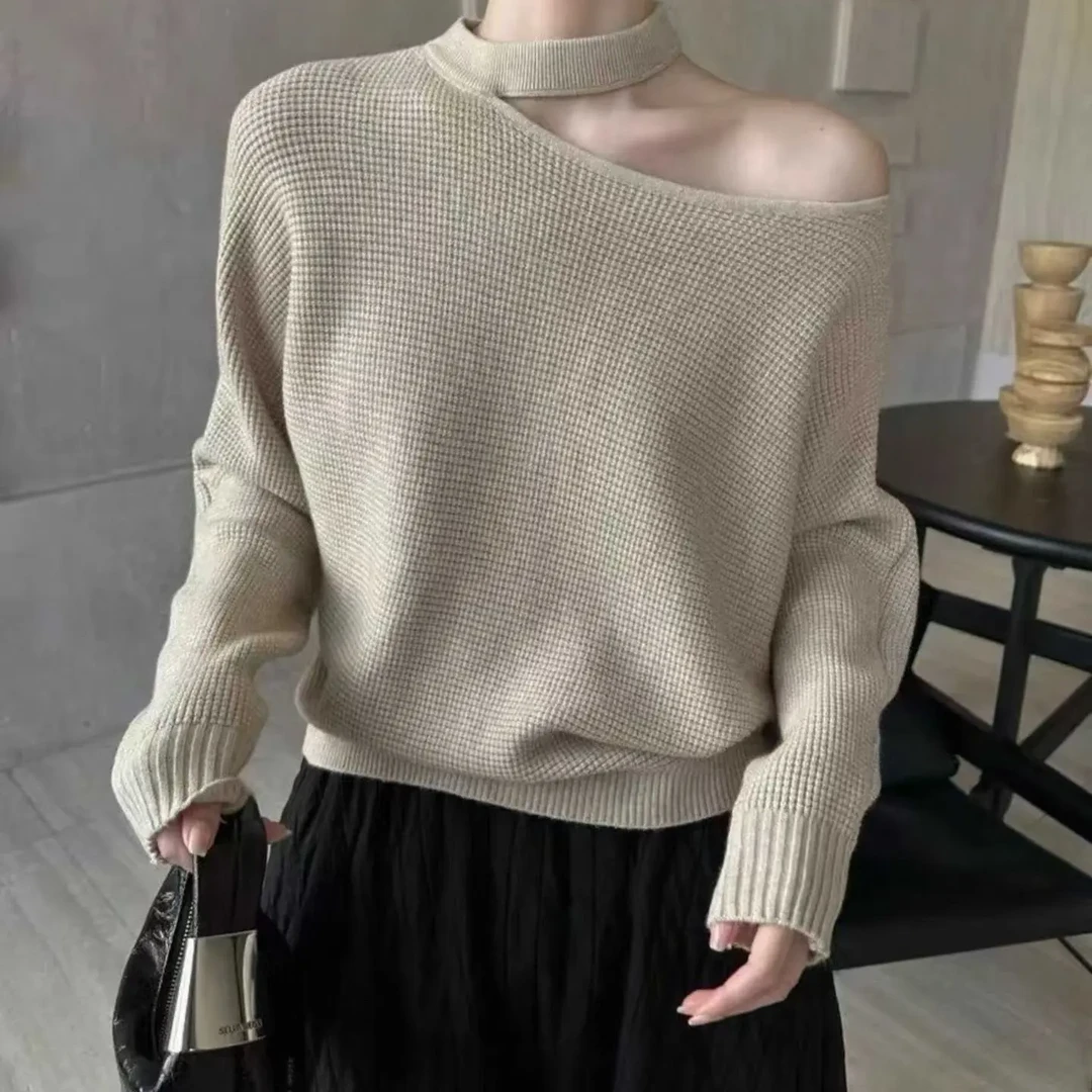 冬上新！战袍韩系华夫格纹理针织衫挂脖镂空露肩洋气加厚保暖毛衣