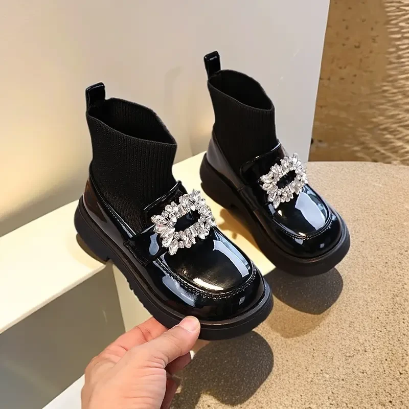 ABC女童马丁靴2025秋冬新款公主袜靴儿童皮鞋女孩针织弹力短靴子