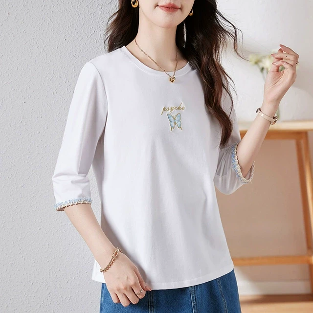 白色七分袖t恤女上衣2025年新款夏季爆款正肩宽松五分袖中袖体恤