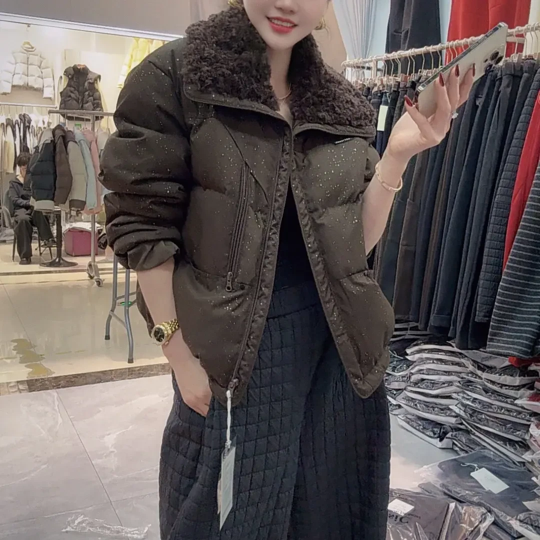 羊卷毛拼接翻领亮晶晶百搭羽绒外套