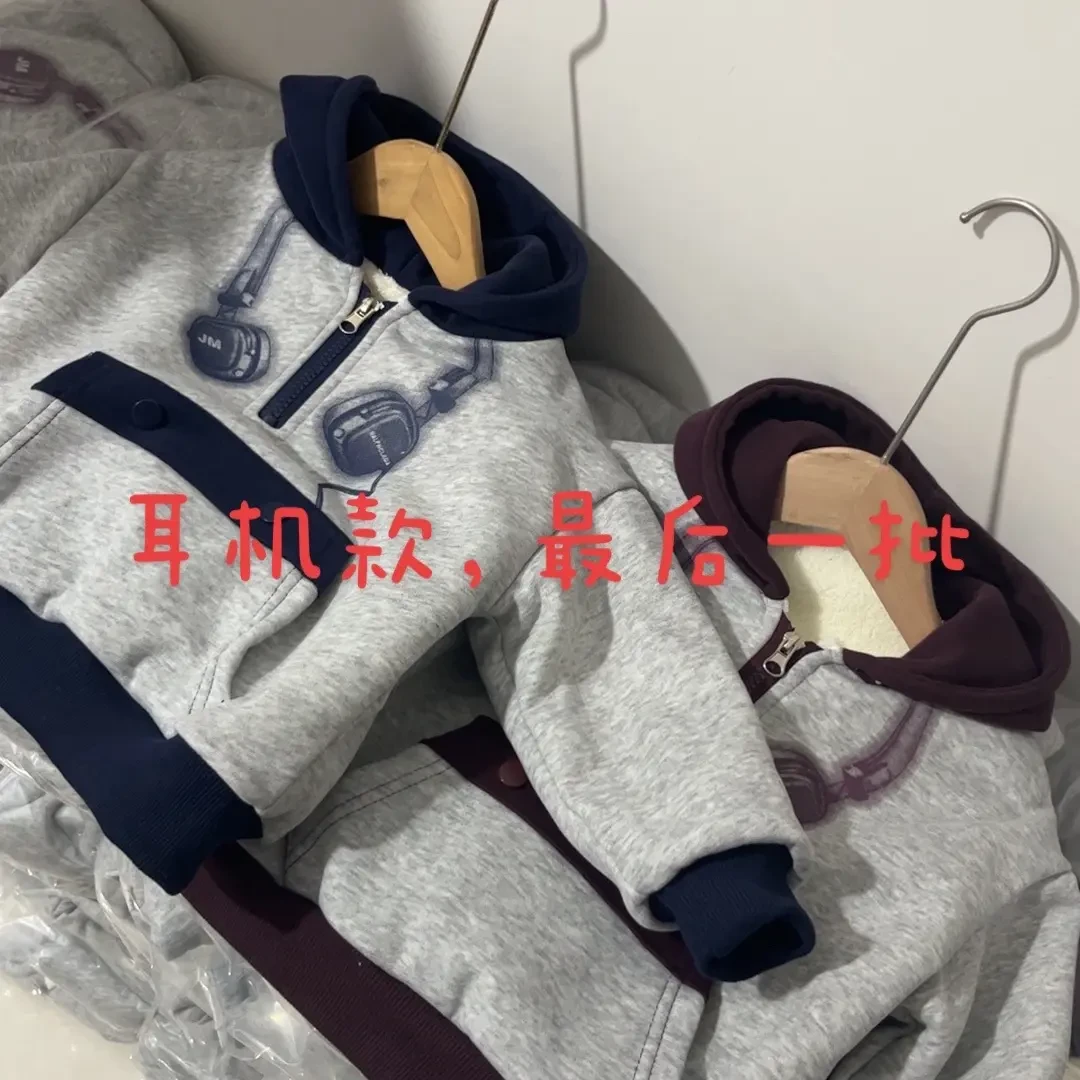 法式加绒加厚连帽冬季秋冬时尚男套装拼接女童套头