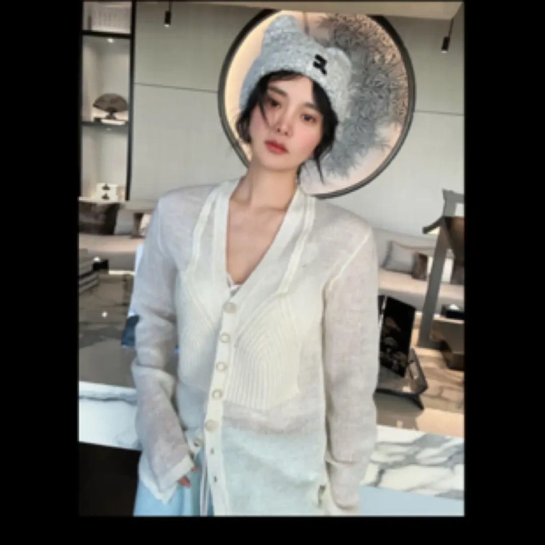 现货 江南姐姐 早春新款假两件马海毛羊毛微透设计小衫毛衣套装