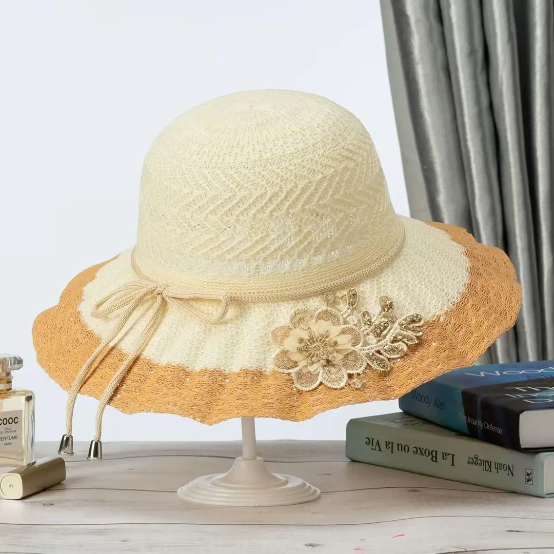 大檐花朵草帽大人沙滩夏天防紫外线可折叠防晒盆帽新款透气遮阳帽