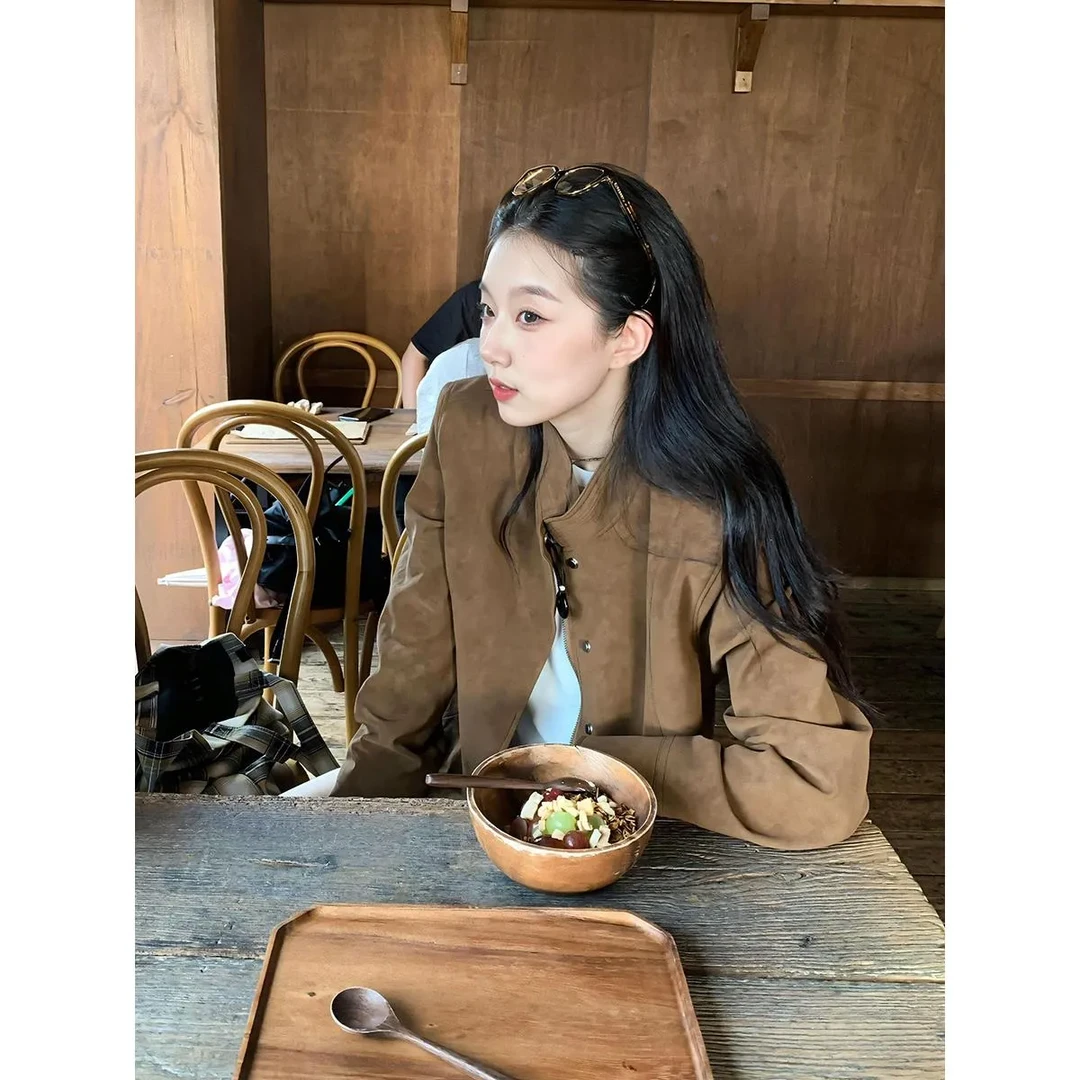 美式覆古小香风棕色皮衣外套女秋季2025新款小个子短款机车夹克春