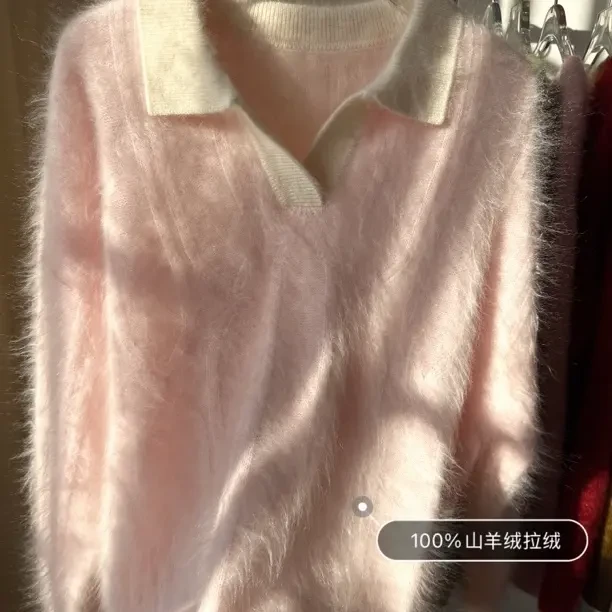 【晓雪家】秋冬软糯减龄宽松慵懒风翻领针织毛衣女