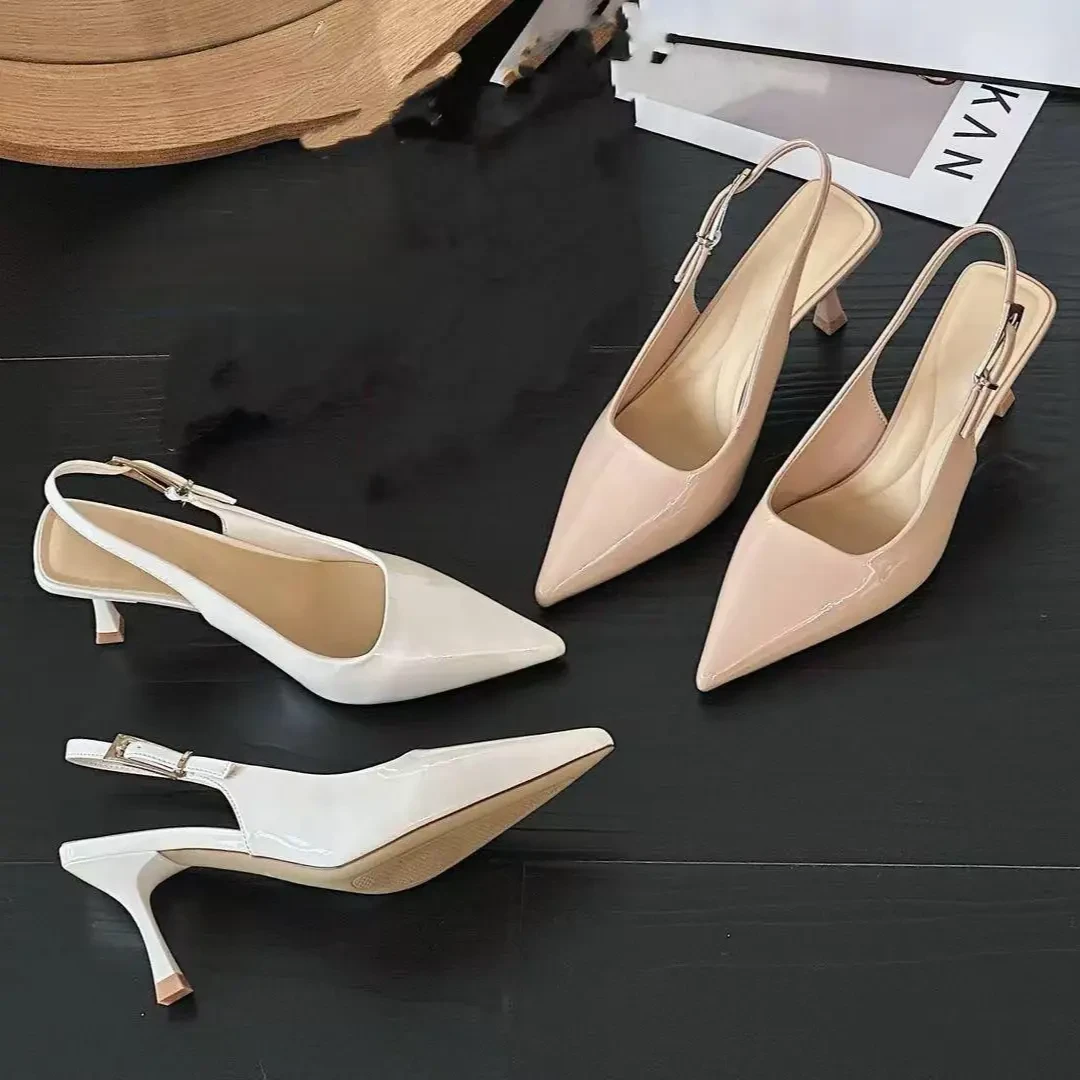 【小金条】5cm裸色高跟鞋夏季细跟漆皮尖头后空包头凉鞋女68279