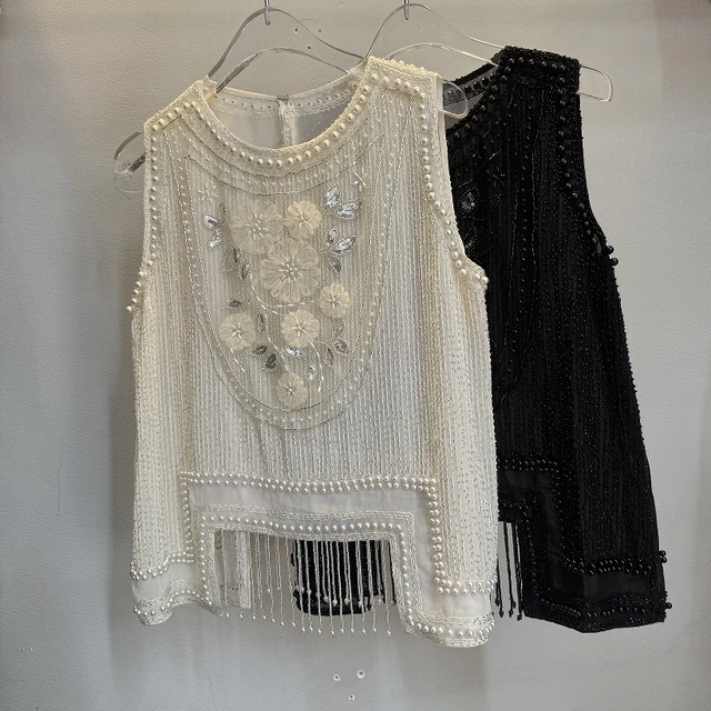 时尚雅妮欧美新款气质名媛上衣重工珍珠钉串珠不规则流苏花朵背心