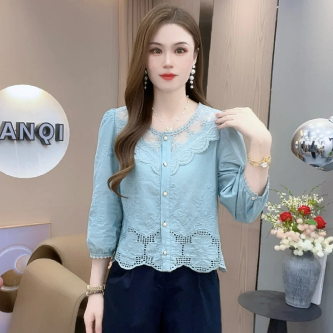 A8733早秋七分袖衬衫女新款淑女小衫宽松甜美百搭上衣