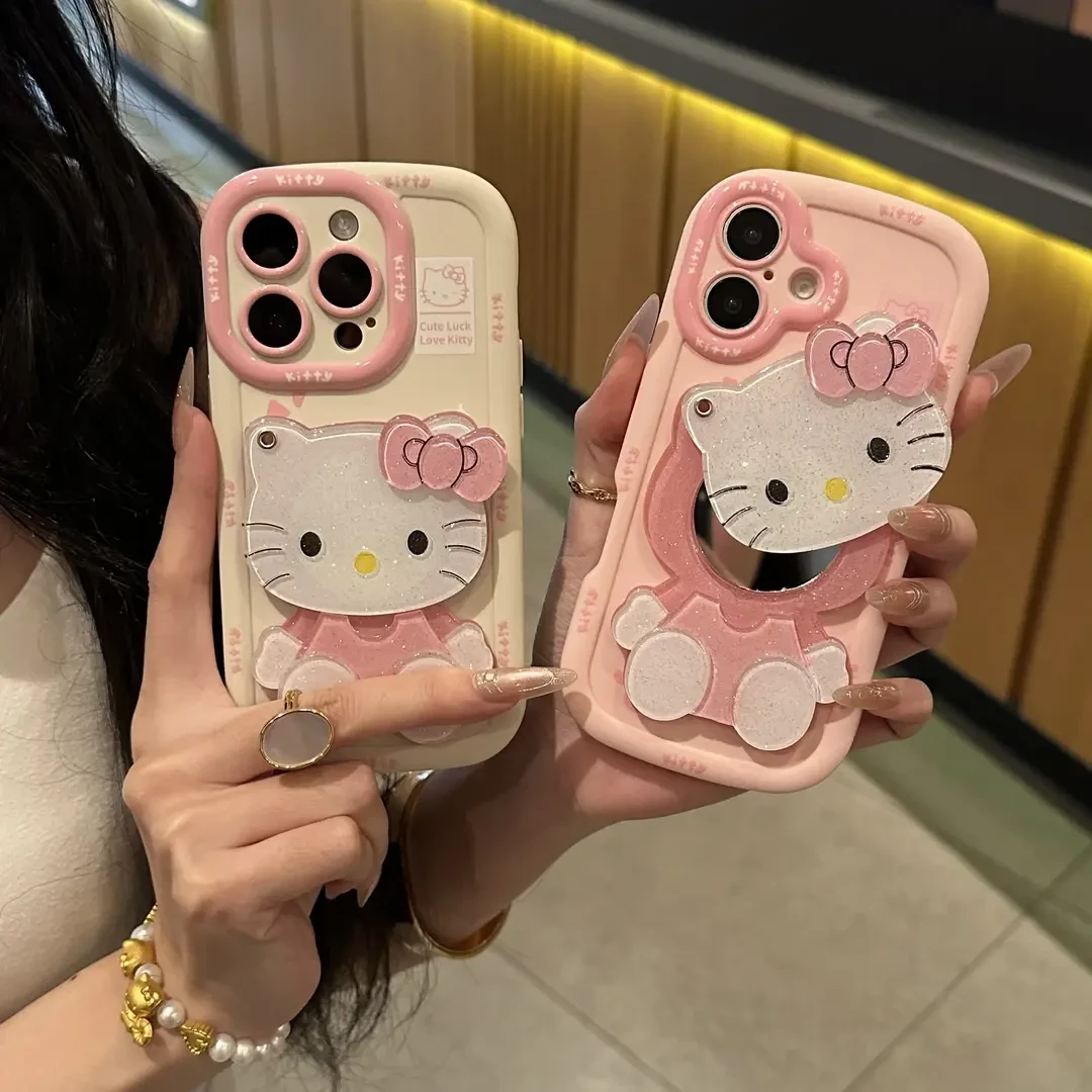 粉色KT猫化妆镜iPhone16女款ins手机壳适用苹果oppo华为vivo小米