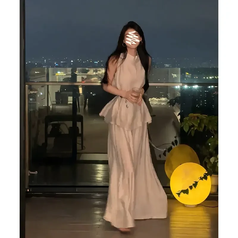 富家千金气质衣服法式上衣女收腰圆领无袖背心百搭高腰显瘦阔腿裤