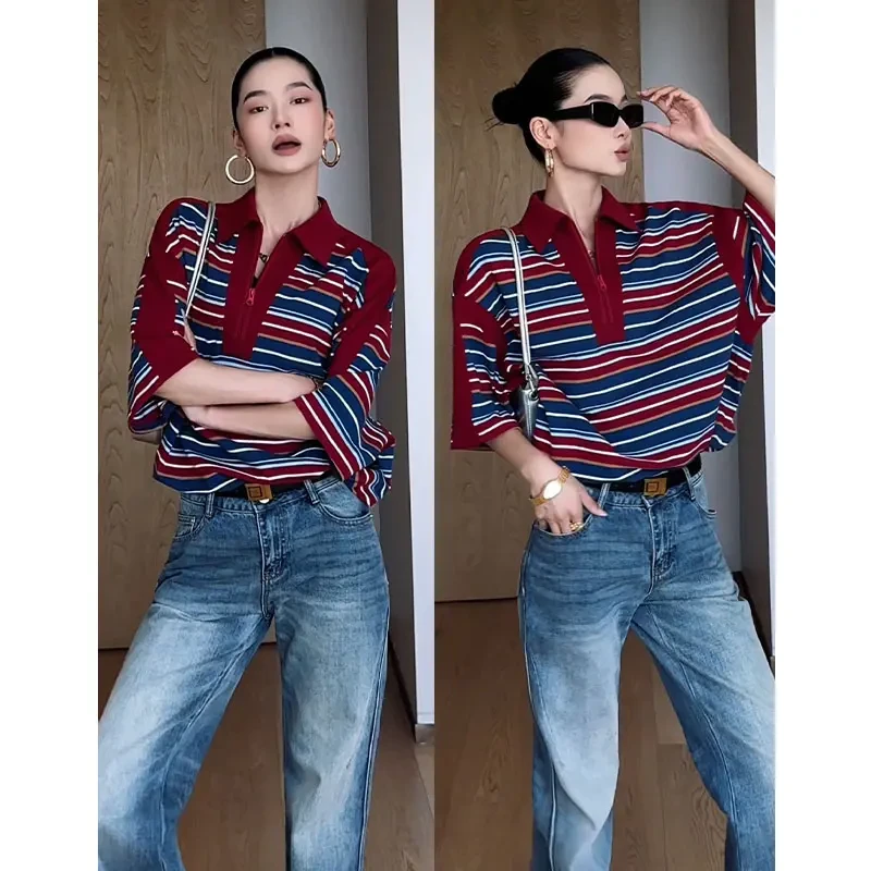 美式复古polo领短袖条纹T恤女夏天慵懒风设计感宽松显瘦洋气上衣