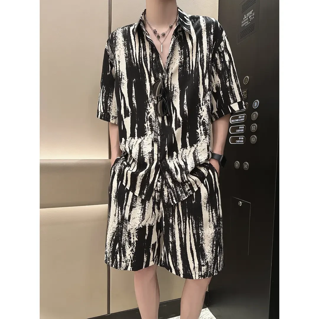 阿航男装 痞帅潮流韩版ins情侣衬衫轻奢宽松套装条纹短袖两件套男