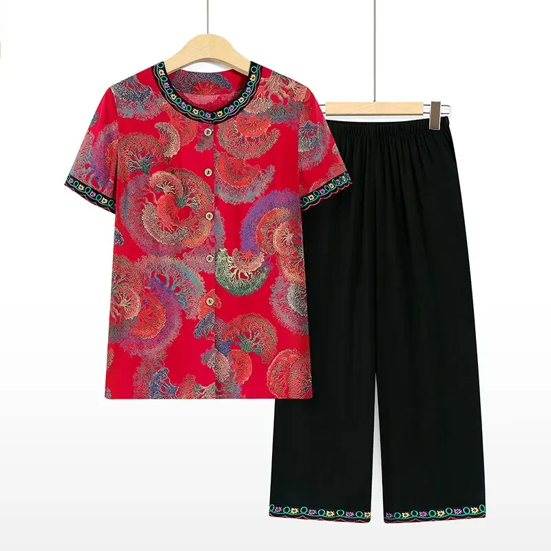 F627老年人夏装套装奶奶加大码棉绸短袖妈妈夏天两件套胖太太老人