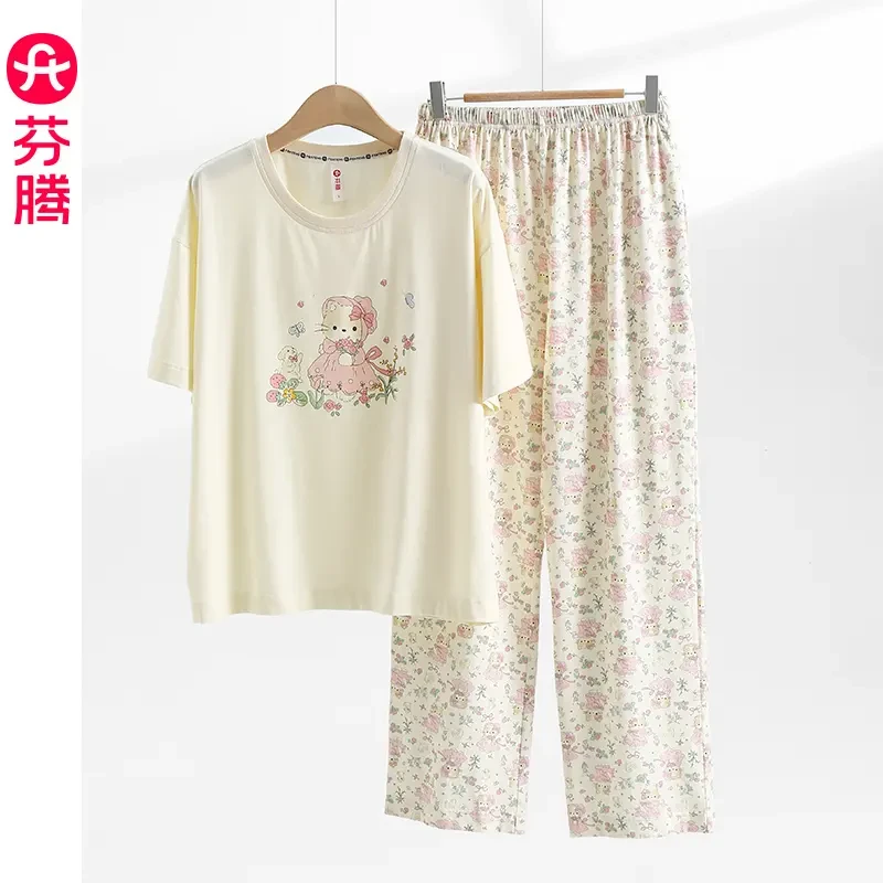 芬腾夏季女士睡衣婚纱小猫短袖长裤套装带胸垫可爱卡通纯棉家居服