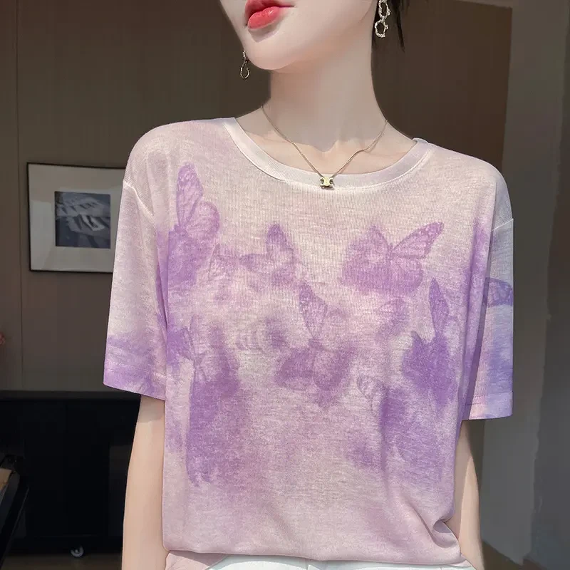 哥弟阿玛施正品夏季薄款重工水墨晕染针织衫圆领短袖T恤百搭上衣