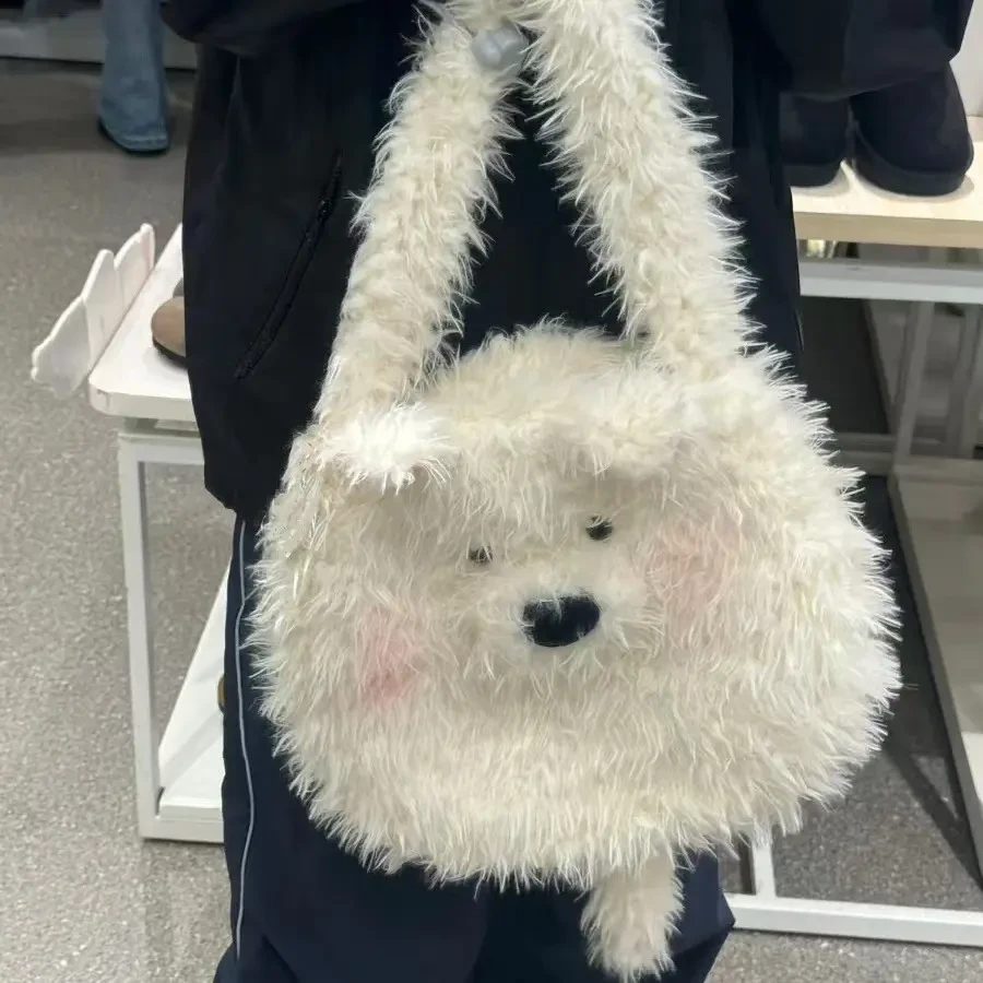 可爱毛绒包包萨摩耶新款甜美2024少女单肩大容量斜挎包小狗托特包