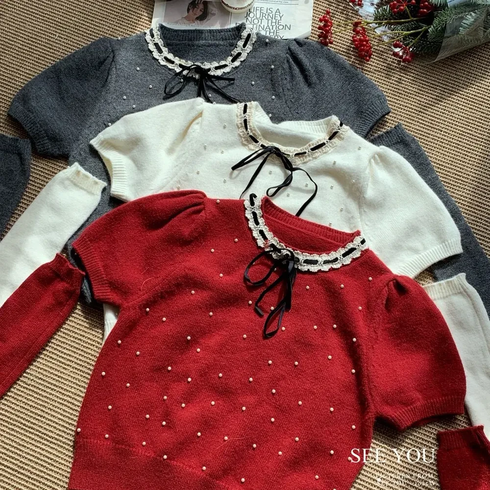 秋冬纯欲风珍珠设计感加厚保暖毛衣配可拆卸袖套