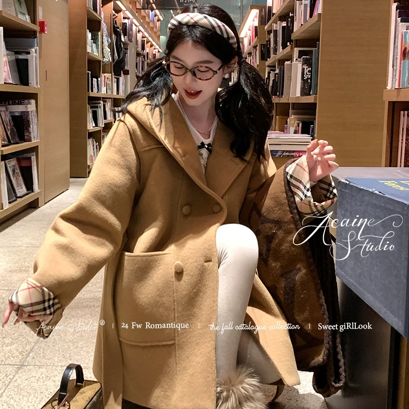 Acaine凛冬暮色 中长款高克重格纹连帽毛呢大衣