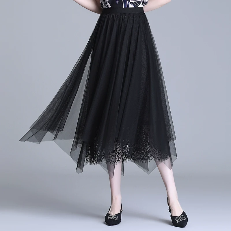 不规则纱裙半身裙高腰显瘦a字裙2025春夏季新款网纱长裙蕾丝裙子