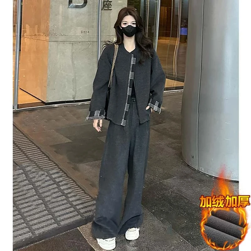 2025秋冬新款高级感时尚套装女韩版保暖加绒外套高腰阔腿裤两件套
