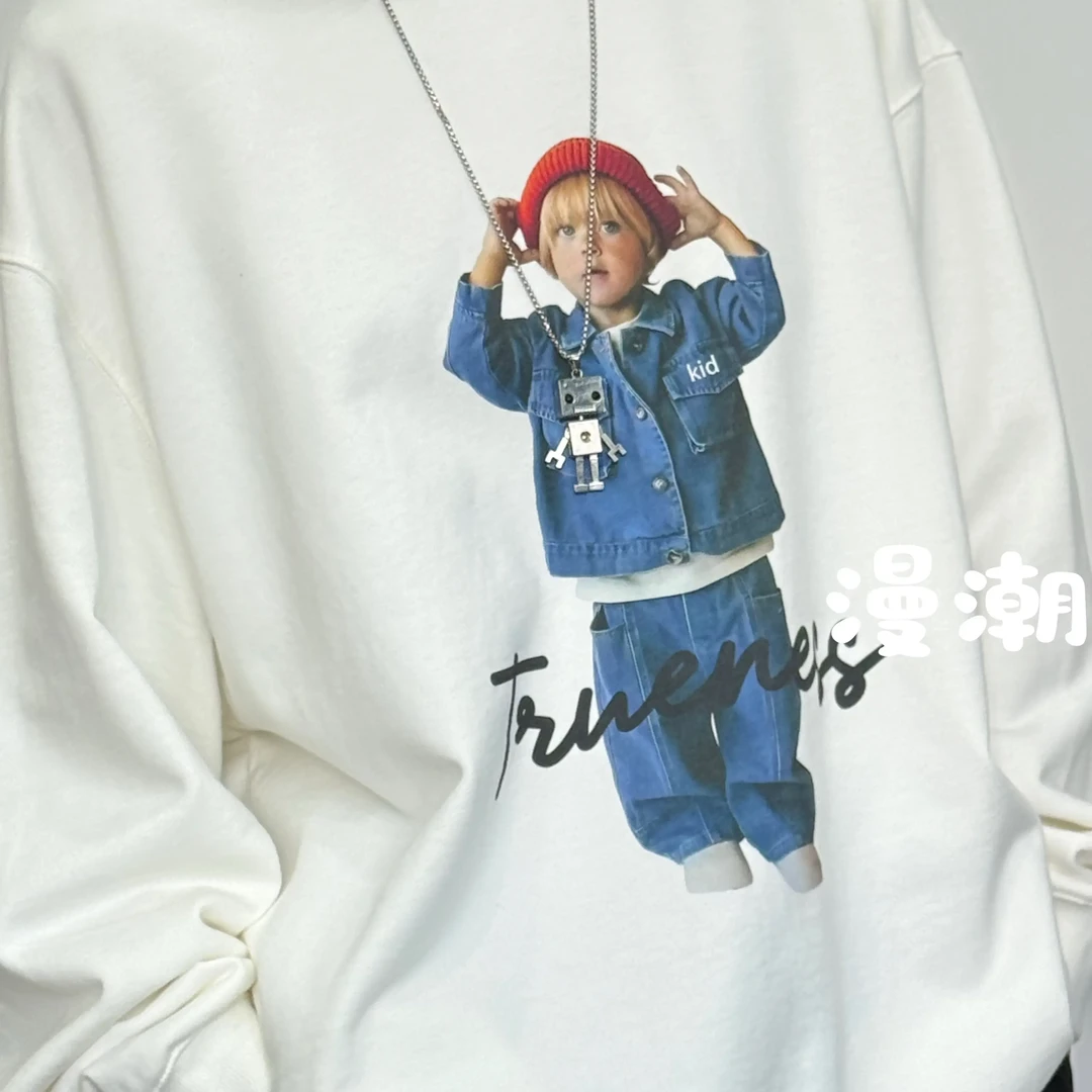 中长款宽松型丹宁风印花卫衣