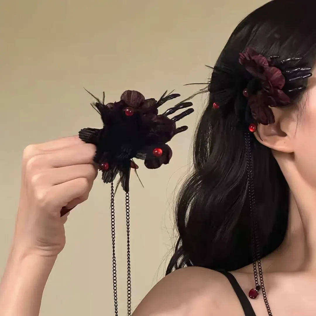 血吻玫瑰~万圣节暗黑玫瑰花朵发夹长款流苏侧边夹搞怪装扮配饰