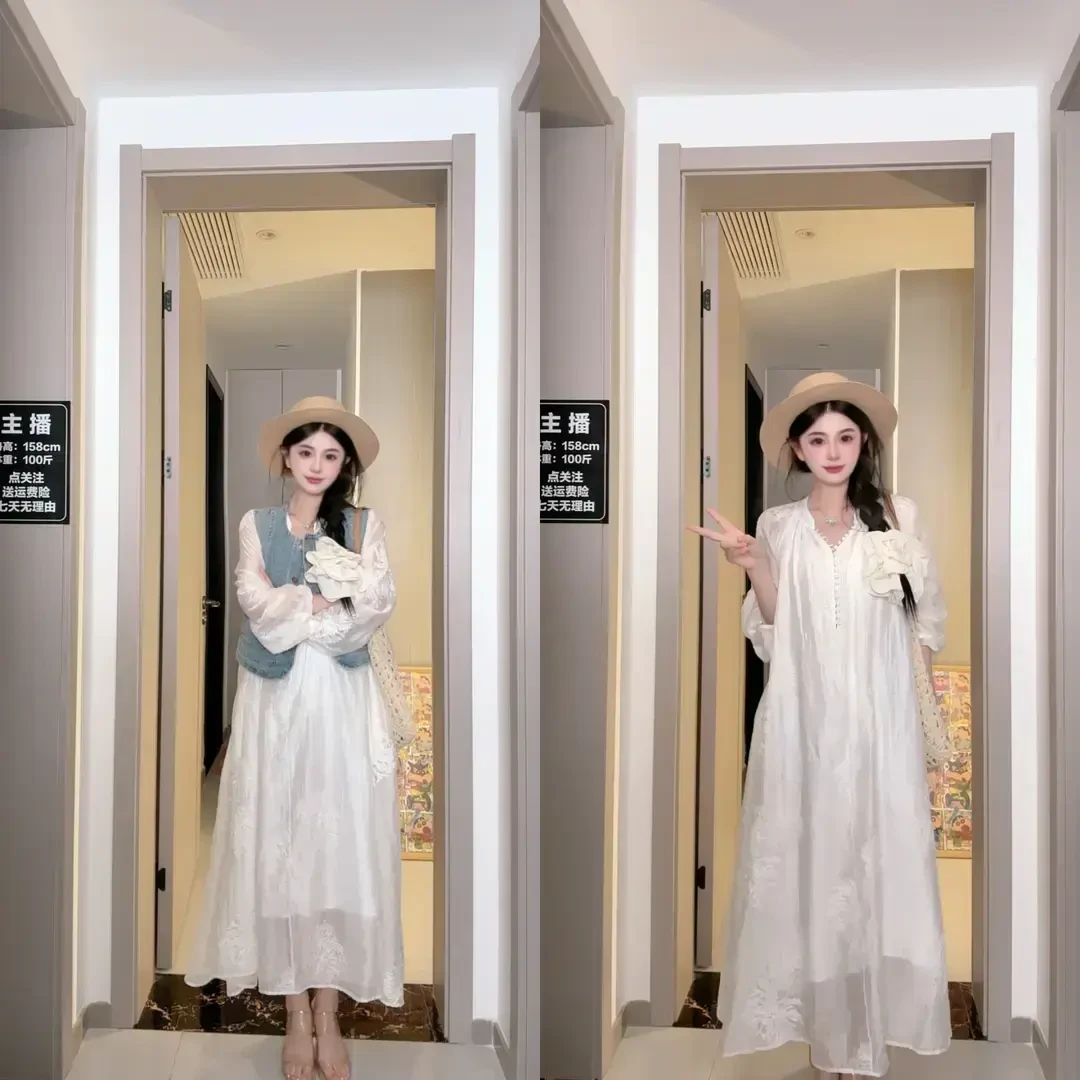 天丝高级感法式绣花长袖2025新款宽松绝美纱裙长裙