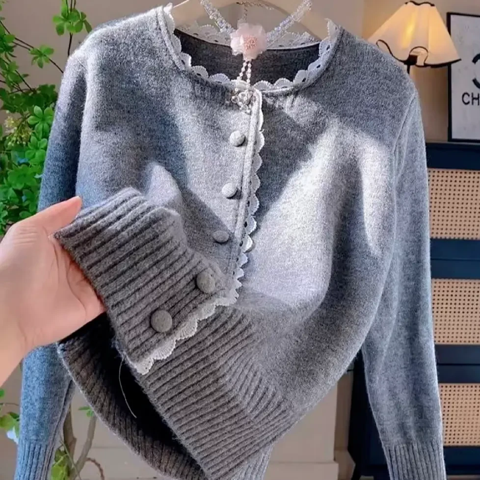 韩系蕾丝花边毛衣针织开衫外套女2025秋冬新款甜美软糯感宽松上衣