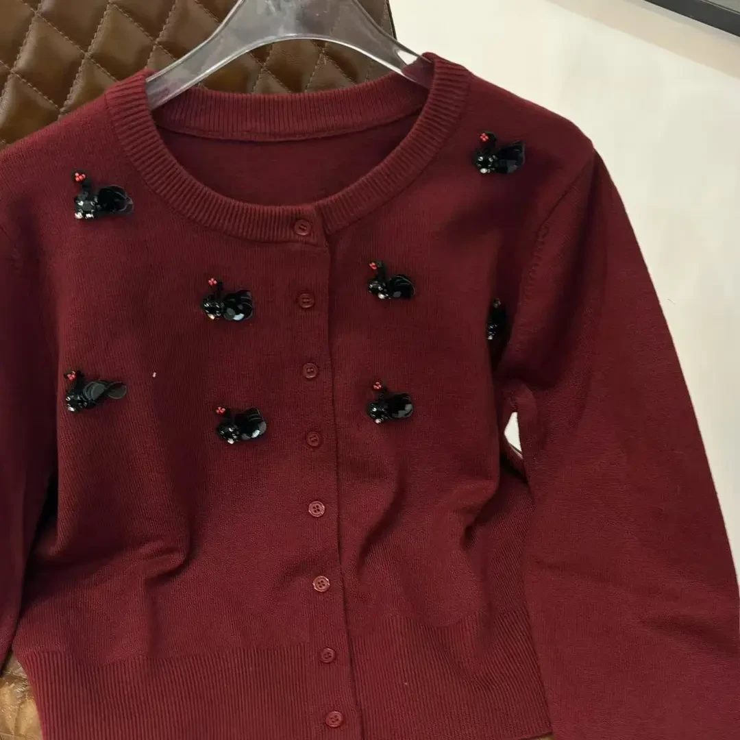 《妞妞》秋冬新款纯色黑天鹅高级针织开衫1126228-红色