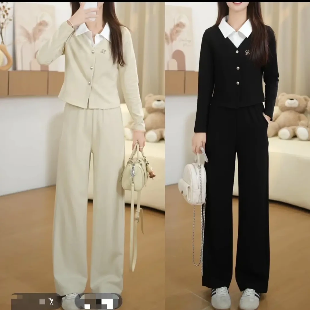 150小个子改版秋季新款假两件上衣气质休闲高腰显瘦直筒时尚套装