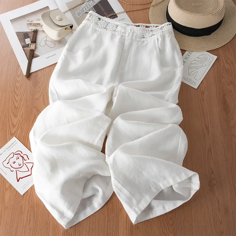 白色镂空腰休闲裤女夏季2025年新款显瘦气质百搭窄版亚麻直筒裤