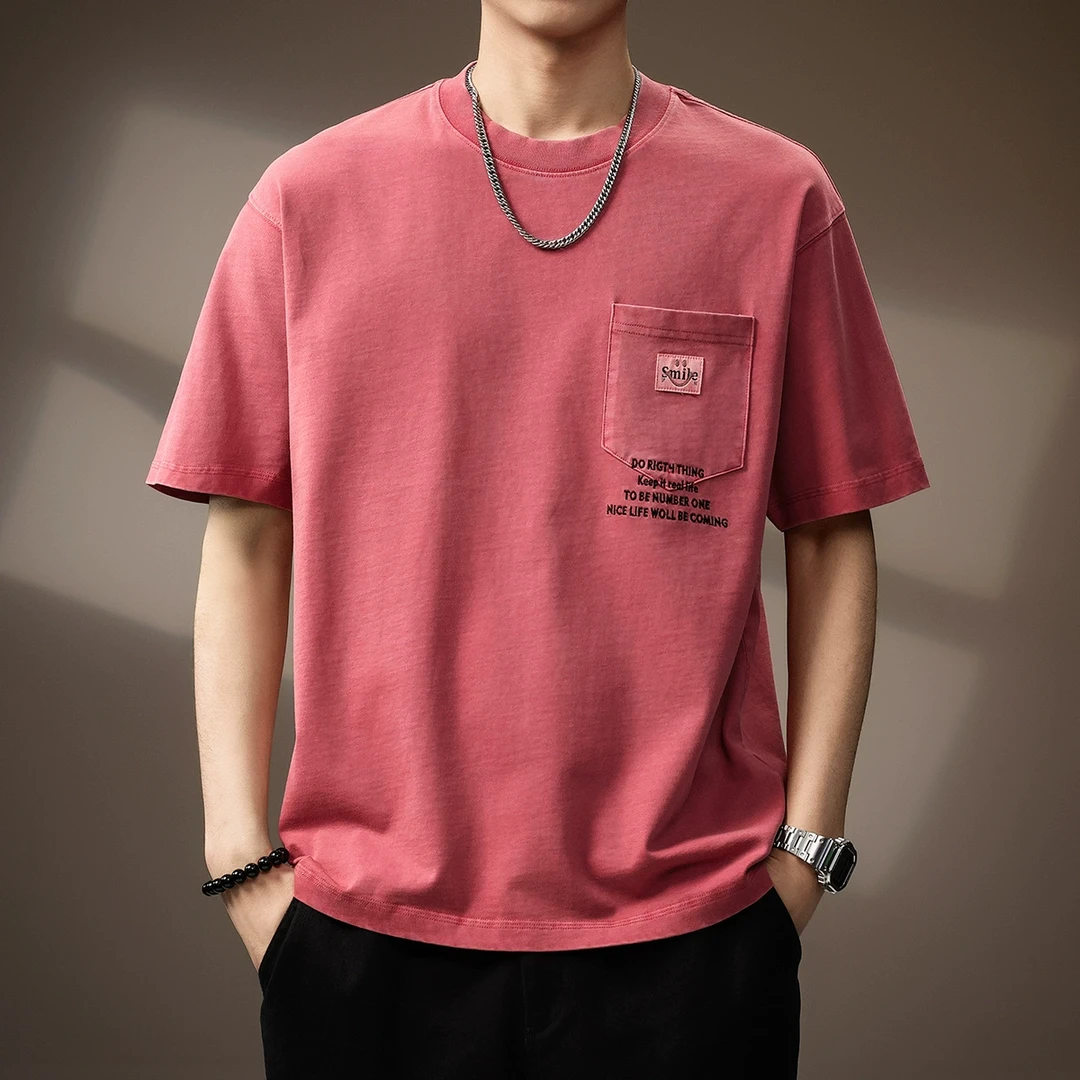 高端美式纯棉重磅石磨水洗T恤男短袖2025夏季新款体恤宽松上衣男