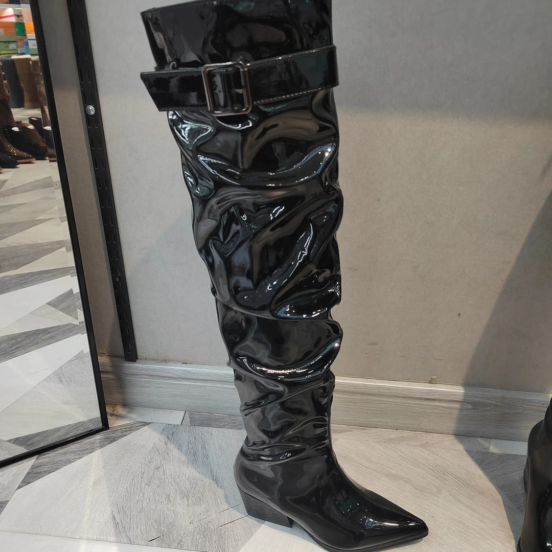 时装靴秋冬尖头粗跟褶皱堆堆不过膝长筒女靴时尚百搭