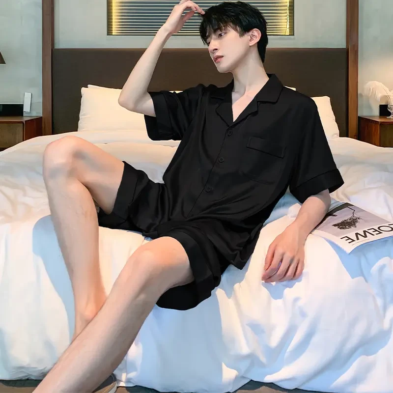 新款男士夏季冰丝短袖薄款夏天黑色仿真丝绸夏款可外穿家居服套装