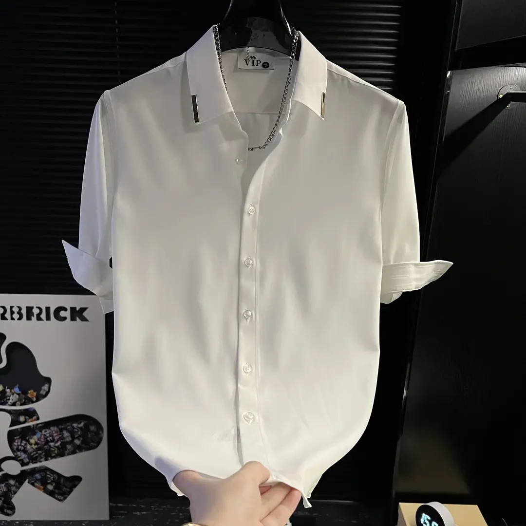 夏季凉感冰丝衬衫男士短袖韩版潮流修身痞帅高级感中袖衬衫休闲