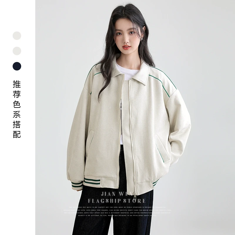 2025春秋新款polo领学院风外套女韩系宽松拉链开衫小个子翻领上衣
