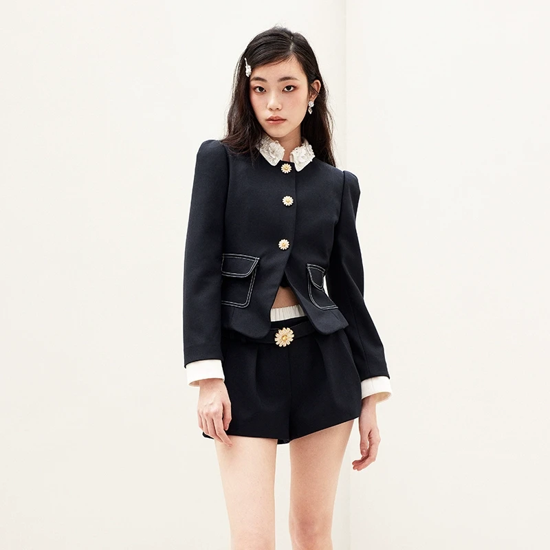LE FAME/拉飞姆2025年春季新款藏蓝撞色钉珠外套